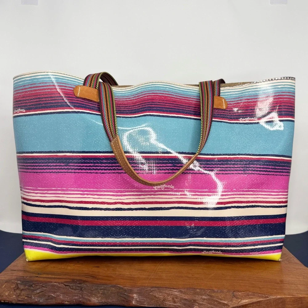 Consuela Thelma Big Breezy Tote Bag Striped Glossy Pink Blue Multi Large